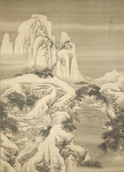 Posada y viajeros en montañas nevadas de Yuan Yao