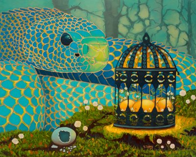 Serpiente azul y huevos brillantes, 2023 (óleo sobre tabla de madera) de Yue Zeng