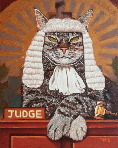 Juez gato, 2023 (técnica mixta sobre tablero de madera) de Yue Zeng