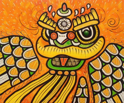 Danza del león amarillo, 2023 (óleo sobre lienzo) de Yue Zeng