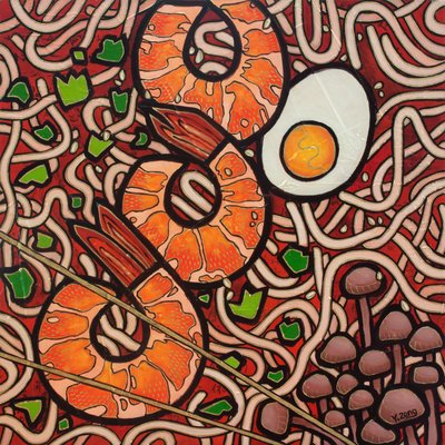 Ramen noodle Shrimp, 2023 (técnica mixta sobre tablero de madera) de Yue Zeng