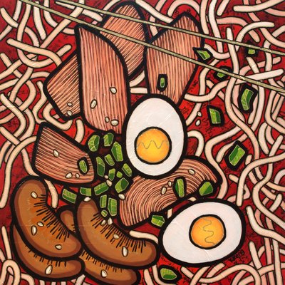 Pollo con fideos ramen, 2023 (técnica mixta sobre tablero de madera) de Yue Zeng