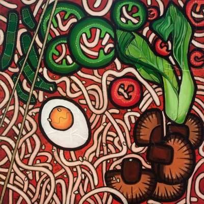 Ramen noodle vegetable, 2023 (técnica mixta sobre tablero de madera) de Yue Zeng