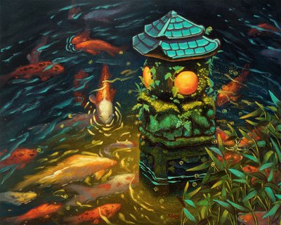 Farol de piedra con pez koi, 2023 (óleo sobre lienzo) de Yue Zeng