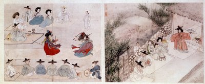Arte coreano: escena de combate de mujeres de la vida cotidiana. Grabado por Sin Yun Bok (o Hyewon hizo en 1758). Siglo XVIII o XIX. Colección Hyung Pil Chun de Yun bok Sin