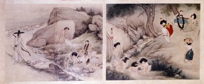 Arte coreano: mujeres lavando su ropa y vistiéndose, y mujeres haciendo sus necesidades y entreteniéndose. Grabados de Sin Yun Bok (o Hyewon) (nacido en 1758). Colección Hyung Pil Chun de Yun bok Sin