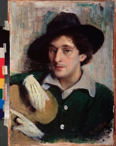 Retrato del artista Marc Chagall (1887-1985). (con un sombrero negro y guantes blancos, sostiene su paleta con indiferencia). Pintura de Yuri (Yehuda) Moiseyevich Pen (1854-1937), óleo sobre lienzo, hacia 1910. Arte ruso, siglo XX. Museo Nacional de Arte de Yuri Moiseyevich Pen