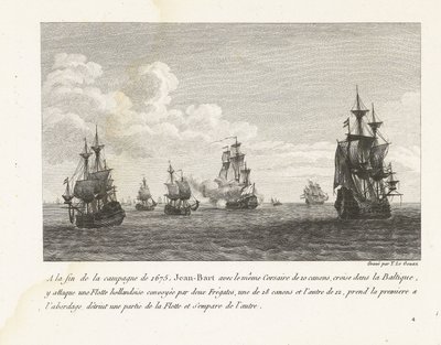 Jan Bart valt Hollandse schepen en de Baltische zee aan, 1675 Al final de la campaña de 1675, Jean-Bart con el mismo Corsair de 10 cañones, cruceros en el Báltico, ataca allí una flota holandesa (...) (título sobre objeto) Colección de peleas de Jean-Bar de Yves Marie Le Gouaz