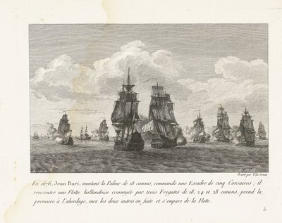 Jan Bart valt conoció a zijn eskader een Hollandse vloot aan, 1676 En 1676, Jean Bart, montando el Palme de 18 cañones, comandó un escuadrón de cinco corsarios (...) (título sobre objeto) Colección de los combates de Jean-Bart, comandante de escuadrón de L de Yves Marie Le Gouaz