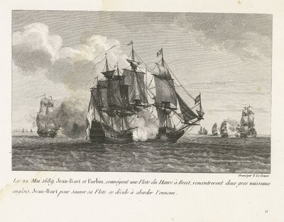 Jan Bart valt twee Engelse schepen aan, 1689 El 22 de mayo de 1689, Jean-Bart y Forbin, transportando una flota de Le Havre a Brest, se encontraron con dos grandes barcos ingleses, Jean-Bart para salvar su flota decide acercarse al enemigo (título sobre el de Yves Marie Le Gouaz
