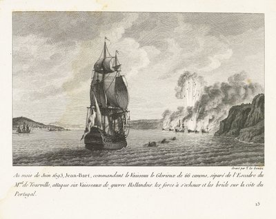 Jan Bart valt zes Hollandse schepen aan voor de kust van Portugal, 1693 En junio de 1693, Jeaan-Bart, al mando del Vaisseau le Glorieux de 66 cañones (...) atacó seis barcos de guerra holandeses (...) en la costa de Portugal (título sobre objeto) grabación de Yves Marie Le Gouaz