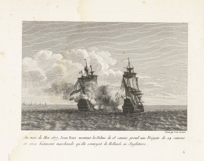 Jan Bart verovert een Hollands fregat, 1677 En el mes de mayo de 1677, Jean-Bart montó el Palme de 18 cañones, tomó una fragata de 24 cañones y dieciséis barcos mercantes que transportaba desde Holanda a Inglaterra (título sobre el objeto) Colección de pel de Yves Marie Le Gouaz