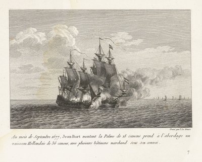 Jan Bart verovert een Hollands fregat, 1677 En septiembre de 1677, Jean-Bart montó el Palme de 18 cañones a bordo de un barco holandés de 36 cañones, con varios barcos mercantes bajo su convoy (título sobre el objeto) colección de peleas de Yves Marie Le Gouaz