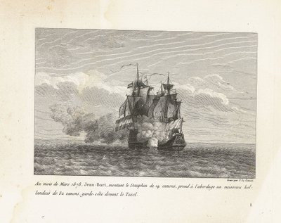 Jan Bart verovert een Hollands fregat, 1678 En marzo de 1678, Jean-Bart, montando el Dauphin de 14 cañones, abordó un barco holandés de 32 cañones, guardacostas frente al Texel (título sobre el objeto) Colección de las peleas de Jean-Bart, jefe de Es de Yves Marie Le Gouaz