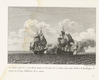 Jan Bart verovert een Hollands fregat bij Duinkerke, 1675 En el mismo año, 1675, Jean-Bart montó un Corsair de 10 cañones; a la salida del Puerto de Dunkerque, toma una Fragata Holandesa de 12 cañones (título sobre objeto) Recopilación de las peleas de Jea de Yves Marie Le Gouaz