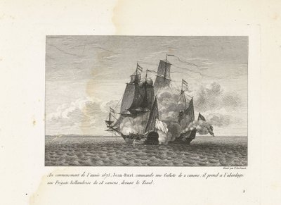 Jan Bart verovert een Hollands fregat bij Texel, 1675 A principios del año 1675, Jean-Bart comanda un Galiote de 2 cañones: abordó una fragata holandesa de 18 cañones, frente al Texel (título sobre objeto) Colección de peleas de Jean-B de Yves Marie Le Gouaz