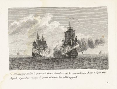 Jan Bart verovert een Spaans schip reunió a 350 soldados aan boord, 1683 En 1683, España declaró la guerra a Francia, Jean-Bart tenía el mando de una fragata con la que tomó un buque de guerra que transportaba 350 soldados españoles (título en obje de Yves Marie Le Gouaz