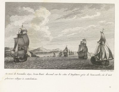 Jan Bart voor de Engelse kust bij Newcastle, 1692 En noviembre de 1692, Jean-Bart desciende sobre las costas de Inglaterra, cerca de Newcastle, donde pone varios pueblos a contribuir (título sobre objeto) Recopilación de los combates de Jean-Bart, jefe de  de Yves Marie Le Gouaz