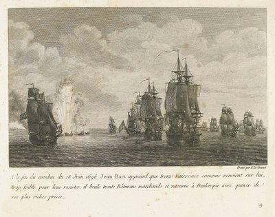 Treffen tussen een vloot onder Jan Bart y een Hollandse vloot, 1696 Al final de la lucha del 18 de junio de 1696, Jean-Bart se entera de que hay trece barcos enemigos (...) y regresa a Dunkerque con quince de sus más ricas presas (título sobre objeto) cole de Yves Marie Le Gouaz
