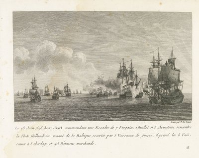 Treffen tussen een vloot onder Jan Bart y een Hollandse vloot, 1696 El 18 de junio de 1696, Jean-Bart al mando de un escuadrón de 7 fragatas (...) se encuentra con la flota holandesa procedente del Báltico (título sobre objeto) Recopilación de las peleas d de Yves Marie Le Gouaz