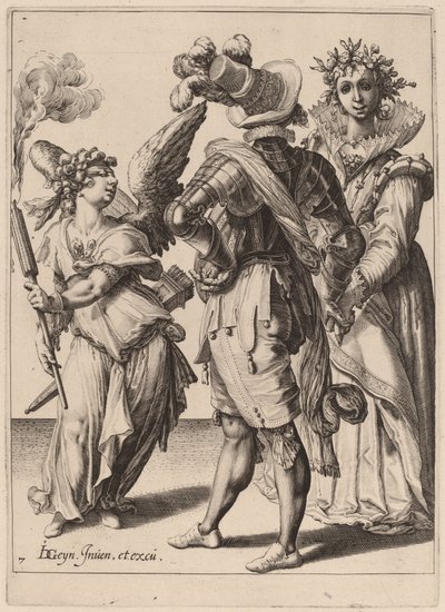 Cupido con los ojos vendados sosteniendo una antorcha frente a una pareja de Zacharias Dolendo after Jacques de Gheyn II