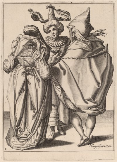 Una pareja hablando con un joven gesticulante de Zacharias Dolendo after Jacques de Gheyn II