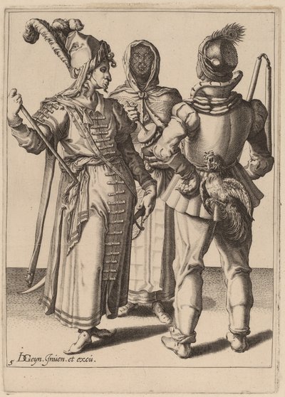 Un grande, un campesino y una mujer velada de Zacharias Dolendo after Jacques de Gheyn II