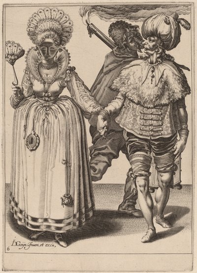 Un hombre con turbante guiando a una mujer con plumas de pavo real de Zacharias Dolendo after Jacques de Gheyn II