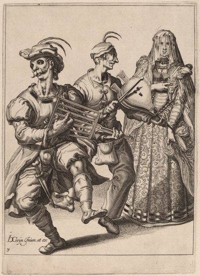 Una Mujer Velada con Dos Músicos Tocando una Parrilla y un Fuelle de Zacharias Dolendo after Jacques de Gheyn II