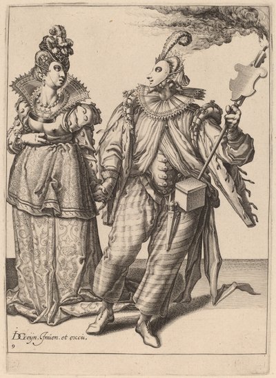 Una Mujer Guiada por un Jugador Sosteniendo una Antorcha de Zacharias Dolendo after Jacques de Gheyn II