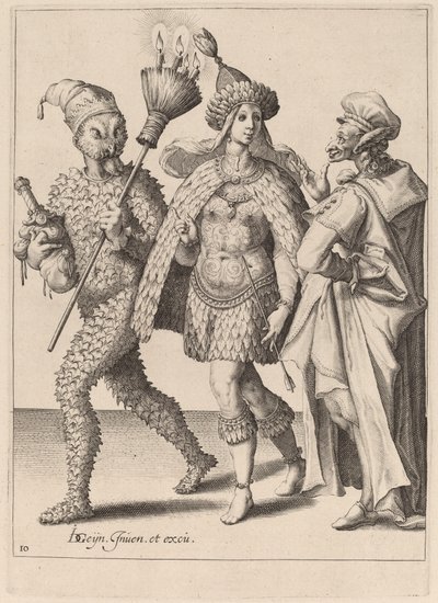 Un Viejo Bufón Dirigiéndose a una Pareja Vestida con Plumas de Zacharias Dolendo after Jacques de Gheyn II