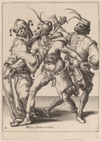 Tres mimos danzantes, incluyendo un bufón de Zacharias Dolendo after Jacques de Gheyn II