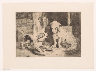 Dos perros junto a un farol y un plato con comida de Zacharie Noterman
