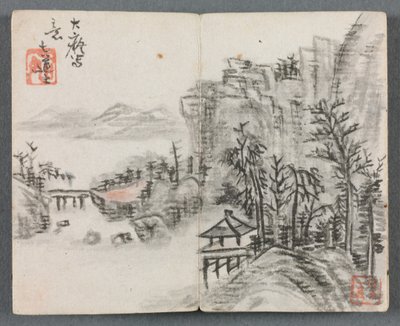 Miniature Album with Figures and Landscape (Cliff Landscape with Bridge) de Zeng Yandong