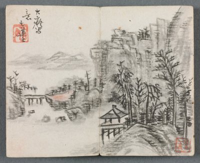 Álbum en miniatura con figuras y paisaje Paisaje de acantilado con puente, 1822 de Zeng Yangdong