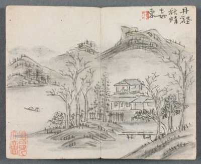 Álbum en miniatura con figuras y paisaje con colina, casa, barco y puente de Zeng Yangdong