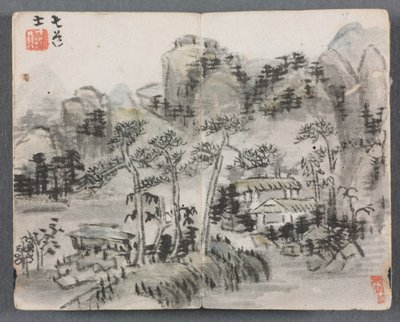 Álbum en miniatura con figuras y paisaje con dos edificios, 1822 de Zeng Yangdong