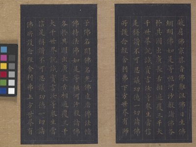 Sutra de la vida eterna (Wu Liang Shou Jing) 1837 (pintura dorada sobre papel azul) de Zexu Lin