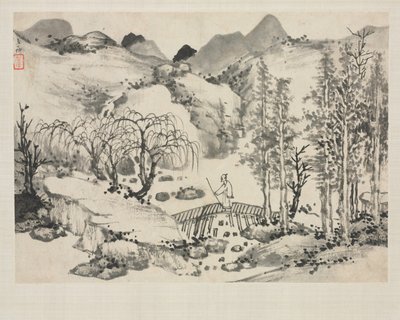 Álbum de paisajes en varios estilos: Paisaje con artista en un puente de Zha Shibiao
