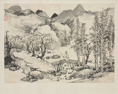 Álbum de Paisajes en Varios Estilos: Paisaje con Artista en un Puente, 1684 de Zha Shibiao