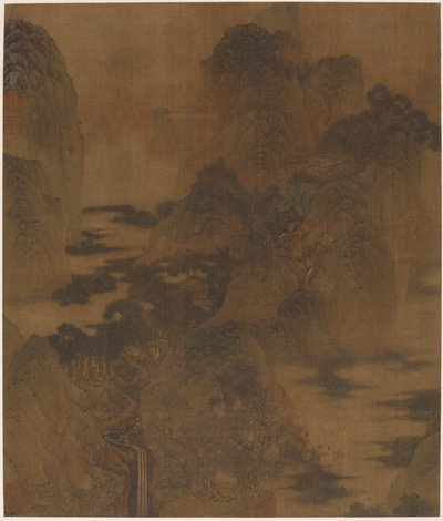 Paisaje: desfiladero de montaña, niebla, un arroyo y edificios de Zhang Hong