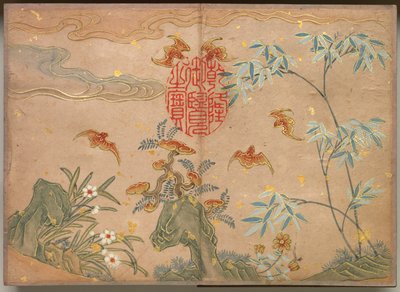 Álbum de escritorio: Pinturas de flores y pájaros, murciélagos, rocas, flores, caligrafía ovalada, siglo XVIII de Zhang Ruoai