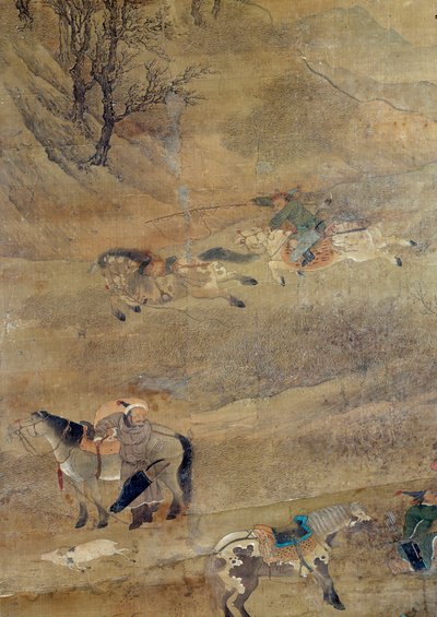Jinete mongol persiguiendo un caballo. (detalle). Pintura en seda de Fou Tchao Mong de Zhao Mengfu Chao Meng Fu or