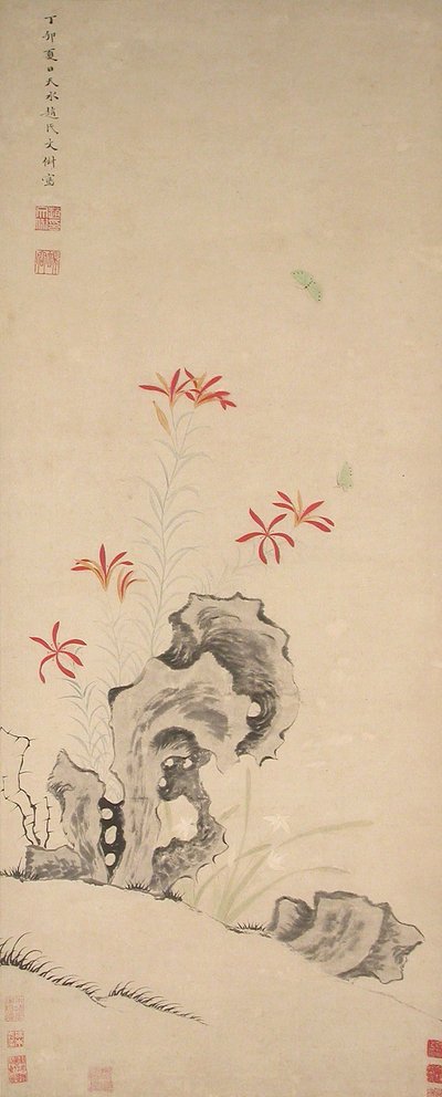 Roca, lirio tigre y orquídea de Zhao Wenchu