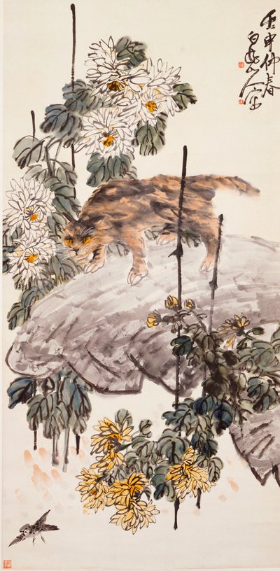 Gato, pájaro y crisantemos de Zhen Wang