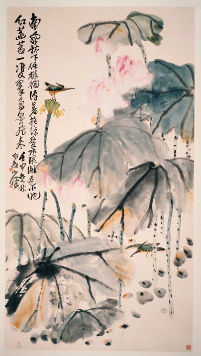 Loto y pájaros verdes de Zhen Wang
