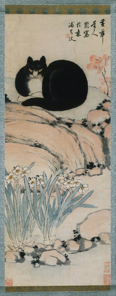 Gato negro y narciso, siglo XIX de Zhu Ling