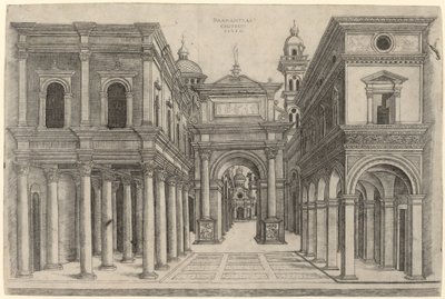 Una calle con varios edificios, columnatas y un arco, c. 1500-1510 de Zoan Andrea