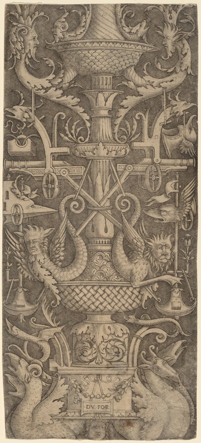 Panel de Ornamento con Dragones, Máscaras e Instrumentos de Guerra de Zoan Andrea