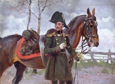 Soldado napoleónico con un caballo de Zygmunt Rozwadowski